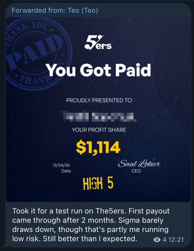 Telegram review from Teo with a The5ers payout certificate